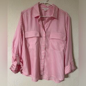 Beachlunchlounge Fallon Crop Button Up Shirt Women Pink/White Stripe Size XL